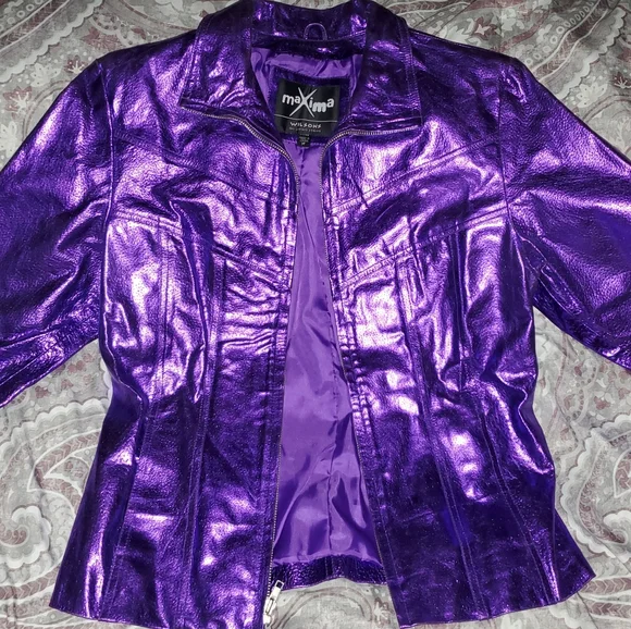 90's GLAM, WILSON'S LEATHER "MAXIMA" PURPLE SHIMMER JACKET. - Picture 3 of 5